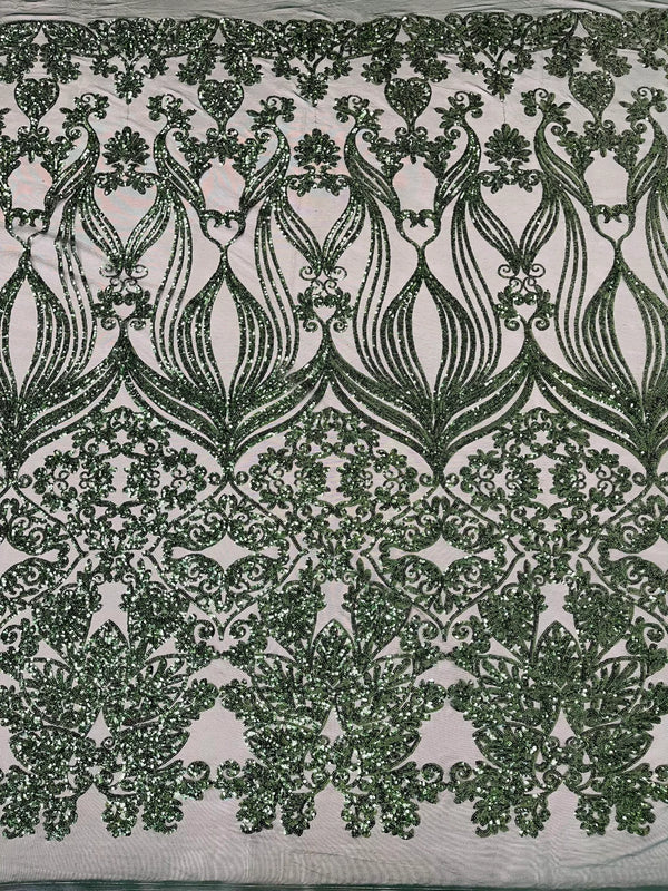 Damask Heart Design - Hunter Green - Damask with Heart Design Sequins on Mesh By Yard