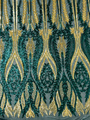 Mermaid Design Sequins Fabric - Hunter Green / Gold - Sequins Fabric 4 Way Stretch on Mesh By Yard