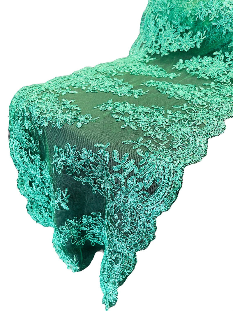 Flower Cluster Lace Sequins Table Runner - Hunter Green - Floral Lace Table Runner Sold By Yard