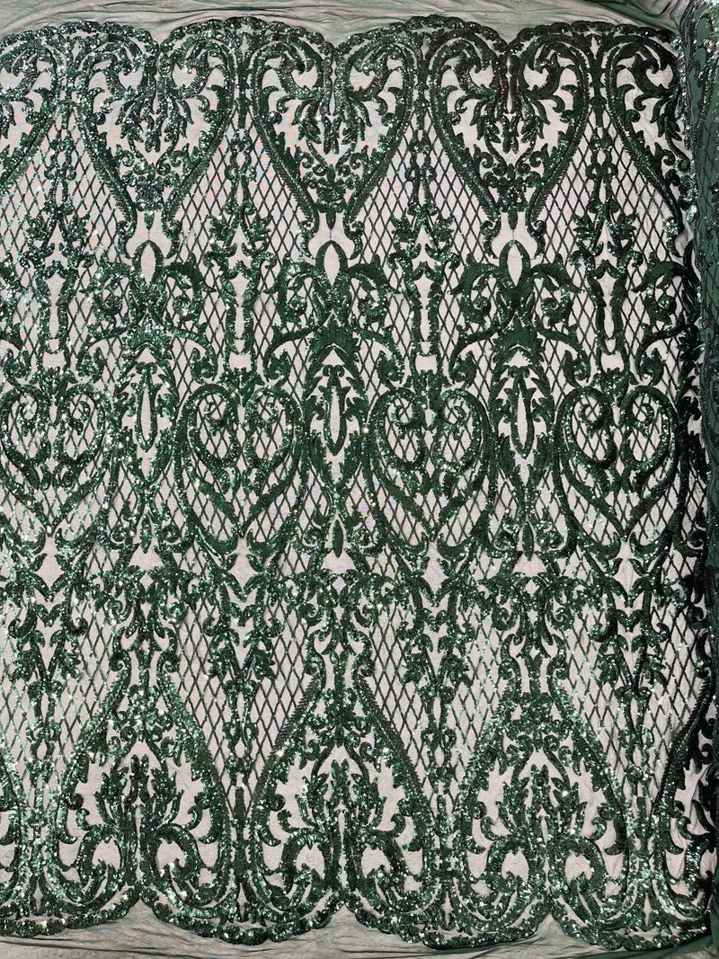 Heart Damask Sequins - Hunter Green - 4 Way Stretch Elegant Shiny Net Sequins Fabric By Yard