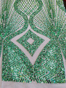 Beaded Diamond Design Fabric - Hunter Green  - Beaded Embroidered Diamond Zig Zag Design on Mesh By Yard