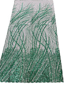 Wavy Grass Design Fabric - Hunter Green - Beautiful Beaded Fabric Design Embroidered on a Mesh Lace Sold By The Yard