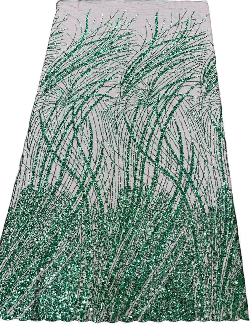 Wavy Grass Design Fabric - Hunter Green - Beautiful Beaded Fabric Design Embroidered on a Mesh Lace Sold By The Yard