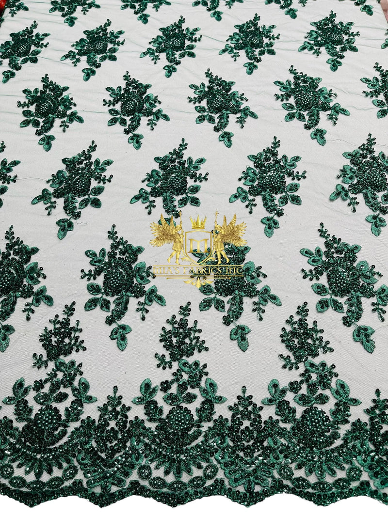Floral Beaded Fabric - Hunter Green - Embroidered Beaded Flowers Cluster Design on a Mesh Sold By Yard