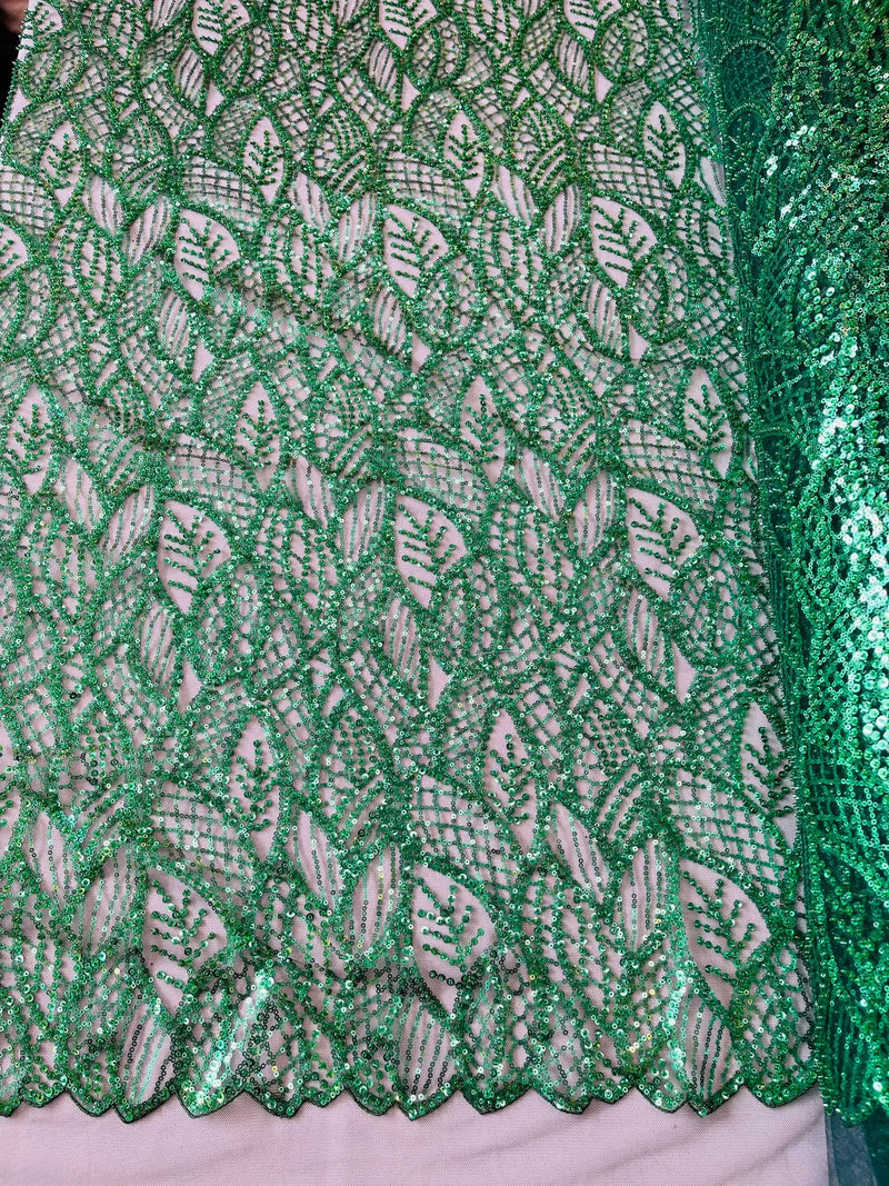 Beaded Leaf Designs Fabric - Hunter Green - Embroidered Beads in Leaves Pattern Sold By Yard