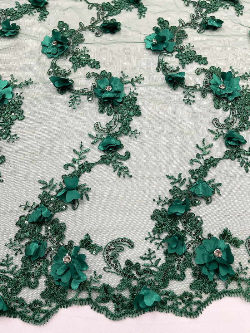 3D Lace Flower Fabric - Hunter Green - Embroidered Sequins and 3D Floral Patterns on Lace By Yard