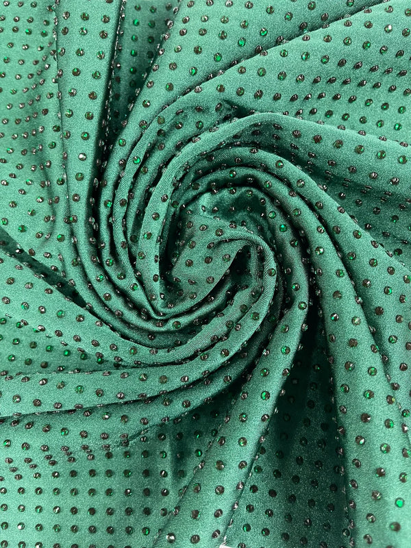 Solid Color Rhinestone Fabric - Hunter Green - 4 Way Stretch Soft Solid Color Fabric with Crystal Stones Sold By Yard