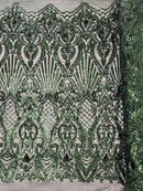 Damask Geometric Sequins - Hunter Green - 4 Way Stretch Sequins Damask Pattern Design Sold By Yard