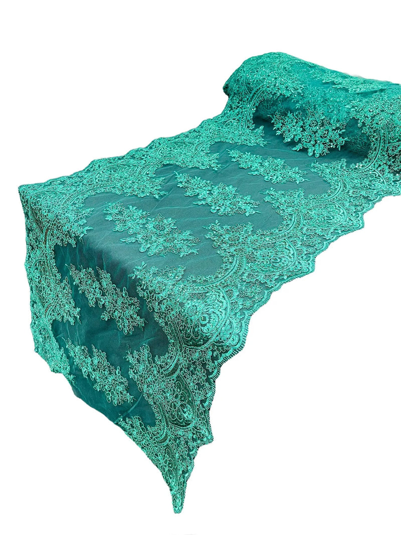 21" Floral Lace Metallic Design Table Runner - Hunter Green - Floral Runner for Event Decor Sold By The Yard