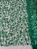 Floral Pattern Beaded Fabric - Hunter Green - Embroidered Bead & Sequins Wedding Bridal Fabric Sold By The Yard
