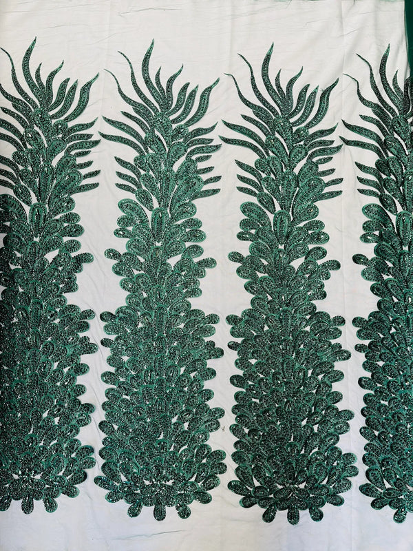 3D Beaded Peacock Feathers - Hunter Green - Vegas Design Embroidered Sequins and Beads On a Mesh Lace Fabric (Choose The Panels)