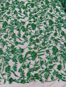 Floral Pattern Beaded Fabric - Hunter Green - Embroidered Bead & Sequins Wedding Bridal Fabric Sold By The Yard