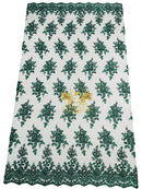 Floral Beaded Fabric - Hunter Green - Embroidered Beaded Flowers Cluster Design on a Mesh Sold By Yard