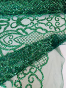 Beaded Fashion Design Fabric - Hunter Green - Beaded Embroidered Damask Style Fabric on Mesh By Yard