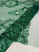 Bead Fashion Damask Fabric - Hunter Green - Beaded Sequins Geometric Design on Mesh Sold By Yard