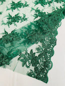 Floral Plant Lace Fabric - Hunter Green - Flower Plant Design Lace Sequins Fabric Sold By Yard