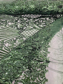 Damask Geometric Sequins - Hunter Green - 4 Way Stretch Sequins Damask Pattern Design Sold By Yard