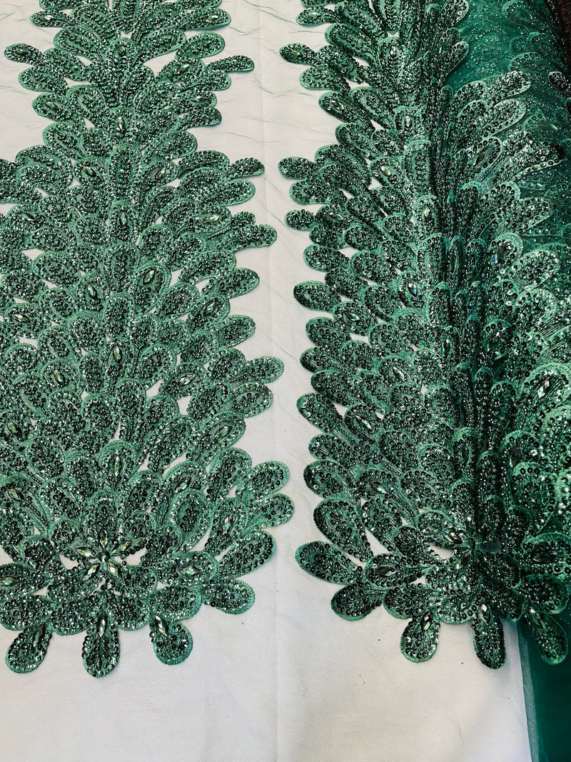 3D Beaded Peacock Feathers - Hunter Green - Vegas Design Embroidered Sequins and Beads On a Mesh Lace Fabric (Choose The Panels)