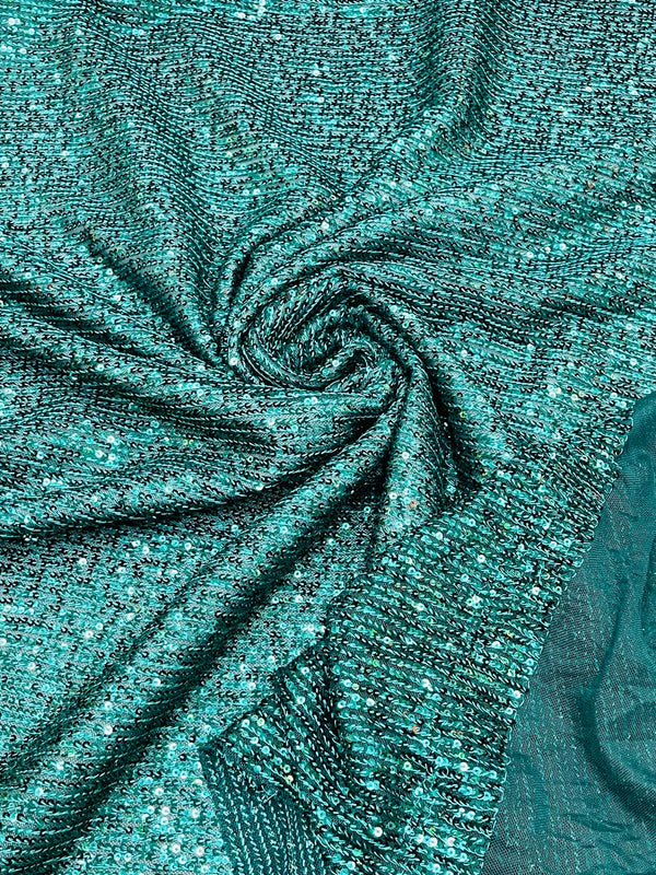 Mille Striped Stretch Sequins - Hunter Green - 4 Way Stretch Spandex Sequins Striped Fabric By The Yard