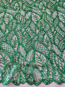 Beaded Leaf Designs Fabric - Hunter Green - Embroidered Beads in Leaves Pattern Sold By Yard