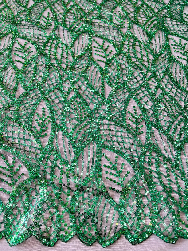Beaded Leaf Designs Fabric - Hunter Green - Embroidered Beads in Leaves Pattern Sold By Yard