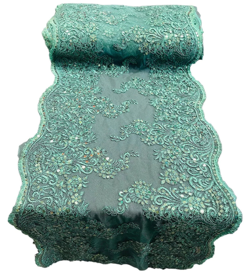 14" Metallic Floral Design Lace Table Runner - Hunter Green - Event Table Decor Runner Sold By Yard