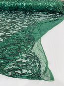 Heart Damask Sequins - Hunter Green - 4 Way Stretch Elegant Shiny Net Sequins Fabric By Yard