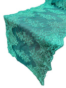 21" Floral Lace Metallic Design Table Runner - Hunter Green - Floral Runner for Event Decor Sold By The Yard