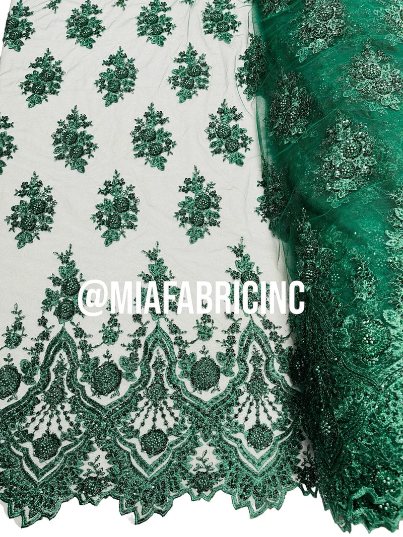 Round Flower Beaded Fabric - Hunter Green - Embroidered Fashion Design Beads and Sequins On Mesh by The Yard