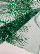 Beaded Floral Line Fabric - Hunter Green - Beaded Embroidered Lines and Flowers on Mesh By Yard