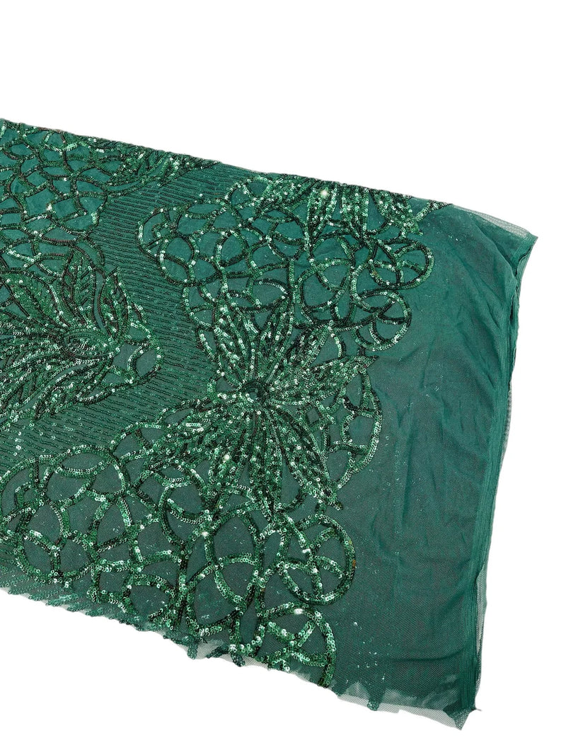 Elegant Floral Leaf Design - Hunter Green - 4 Way Stretch Sequins Lace Spandex Fabric By Yard