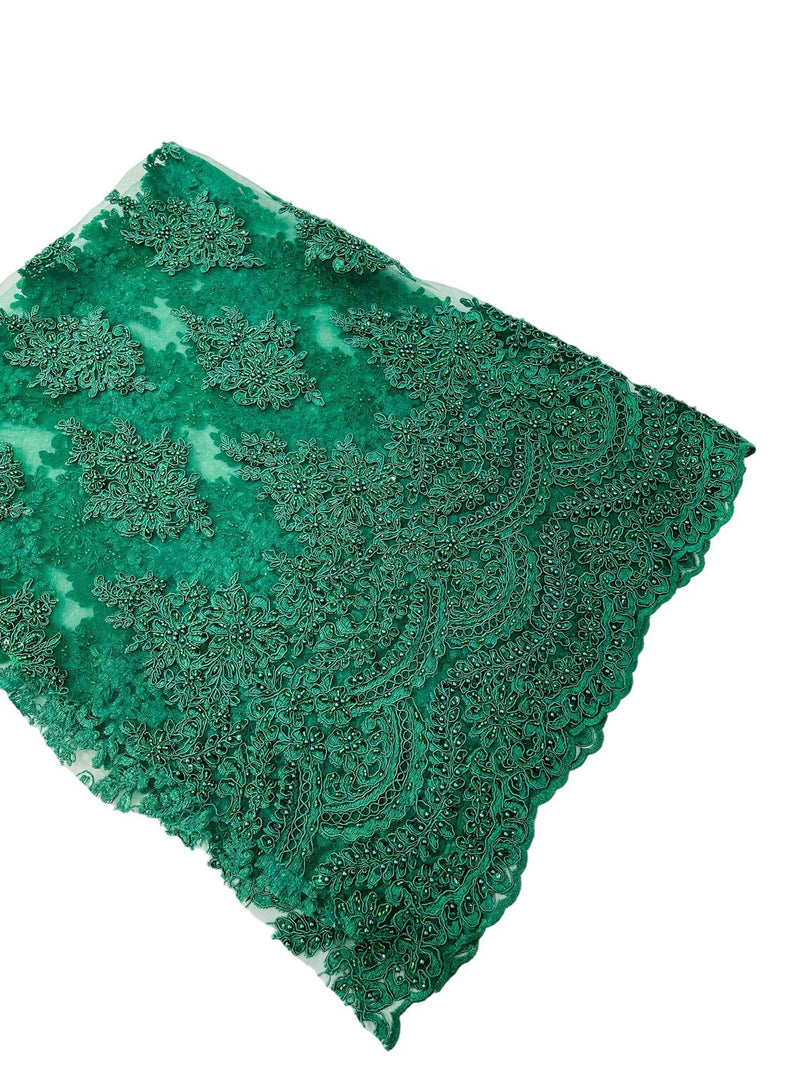Beaded Flower Cluster Fabric - Hunter Green - Embroidered Beaded Fancy Border Floral Fabric Sold By Yard