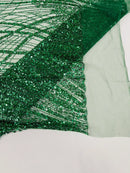 Wavy Grass Design Fabric - Hunter Green - Beautiful Beaded Fabric Design Embroidered on a Mesh Lace Sold By The Yard