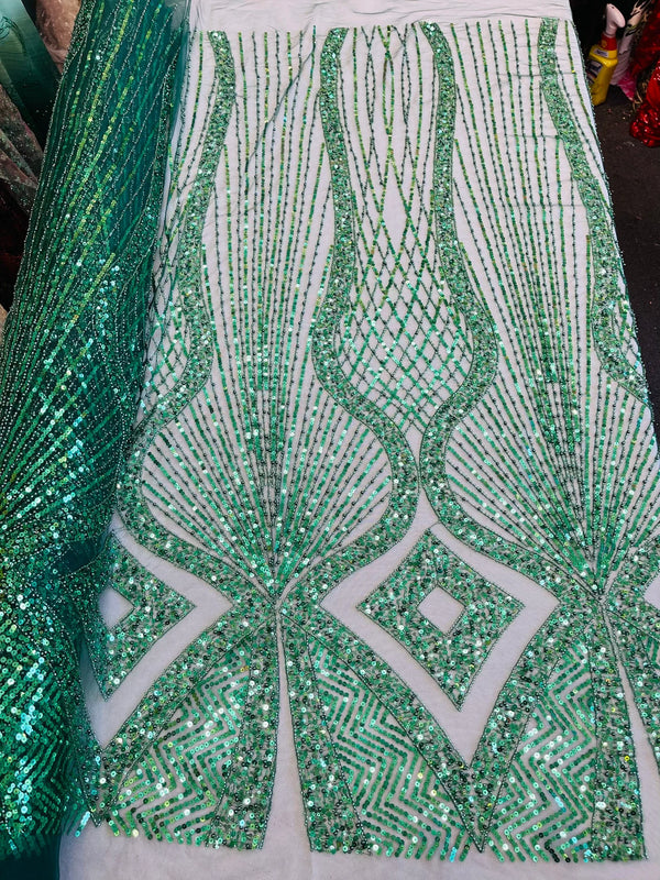 Beaded Diamond Design Fabric - Hunter Green  - Beaded Embroidered Diamond Zig Zag Design on Mesh By Yard
