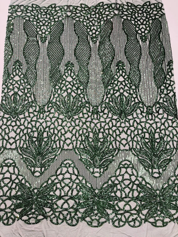 Elegant Floral Leaf Design - Hunter Green - 4 Way Stretch Sequins Lace Spandex Fabric By Yard