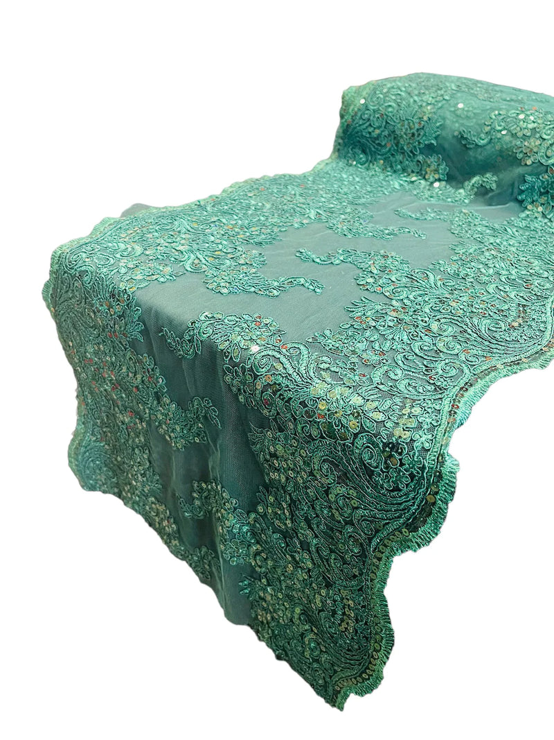 14" Metallic Floral Design Lace Table Runner - Hunter Green - Event Table Decor Runner Sold By Yard