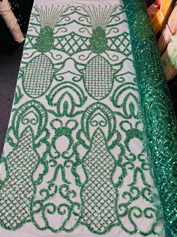 Beaded Fashion Design Fabric - Hunter Green - Beaded Embroidered Damask Style Fabric on Mesh By Yard