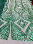 Beaded Diamond Design Fabric - Hunter Green  - Beaded Embroidered Diamond Zig Zag Design on Mesh By Yard