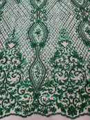 Bead Fashion Damask Fabric - Hunter Green - Beaded Sequins Geometric Design on Mesh Sold By Yard