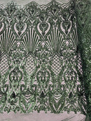 Damask Geometric Sequins - Hunter Green - 4 Way Stretch Sequins Damask Pattern Design Sold By Yard