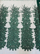 3D Beaded Peacock Feathers - Hunter Green - Vegas Design Embroidered Sequins and Beads On a Mesh Lace Fabric (Choose The Panels)