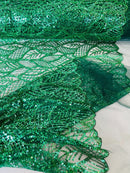 Beaded Leaf Designs Fabric - Hunter Green - Embroidered Beads in Leaves Pattern Sold By Yard