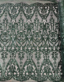 Heart Damask Sequins - Hunter Green - 4 Way Stretch Elegant Shiny Net Sequins Fabric By Yard
