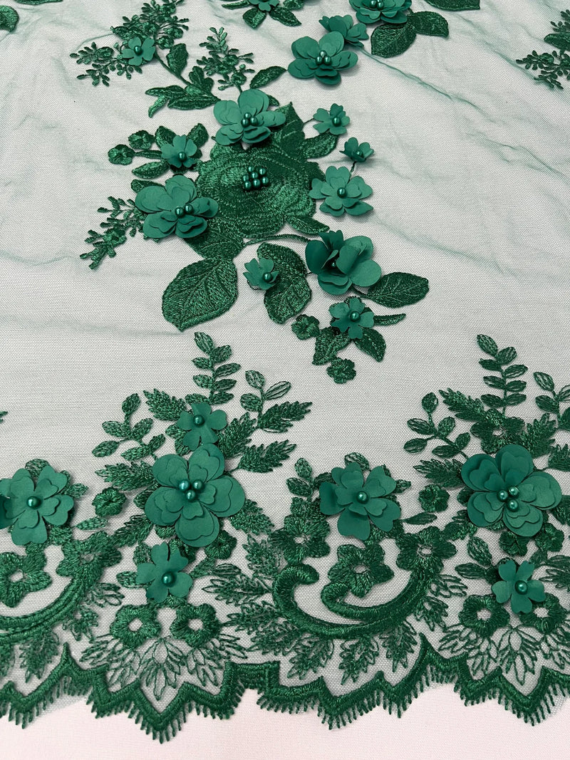 Floral 3D Rose Fabric - Hunter Green - Embroided Rose Flower Design Fabric Sold by Yard