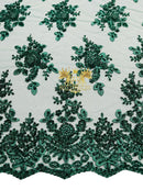 Floral Beaded Fabric - Hunter Green - Embroidered Beaded Flowers Cluster Design on a Mesh Sold By Yard