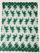 Floral Plant Lace Fabric - Hunter Green - Flower Plant Design Lace Sequins Fabric Sold By Yard