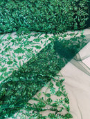 Floral Pattern Beaded Fabric - Hunter Green - Embroidered Bead & Sequins Wedding Bridal Fabric Sold By The Yard