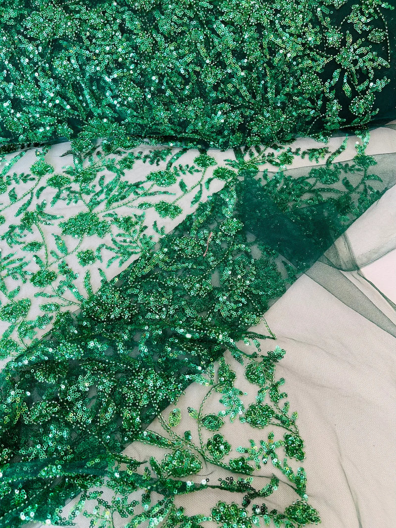 Floral Pattern Beaded Fabric - Hunter Green - Embroidered Bead & Sequins Wedding Bridal Fabric Sold By The Yard