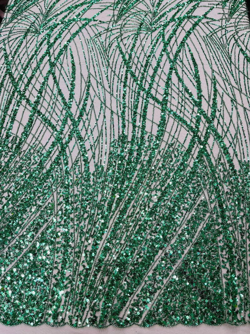 Wavy Grass Design Fabric - Hunter Green - Beautiful Beaded Fabric Design Embroidered on a Mesh Lace Sold By The Yard