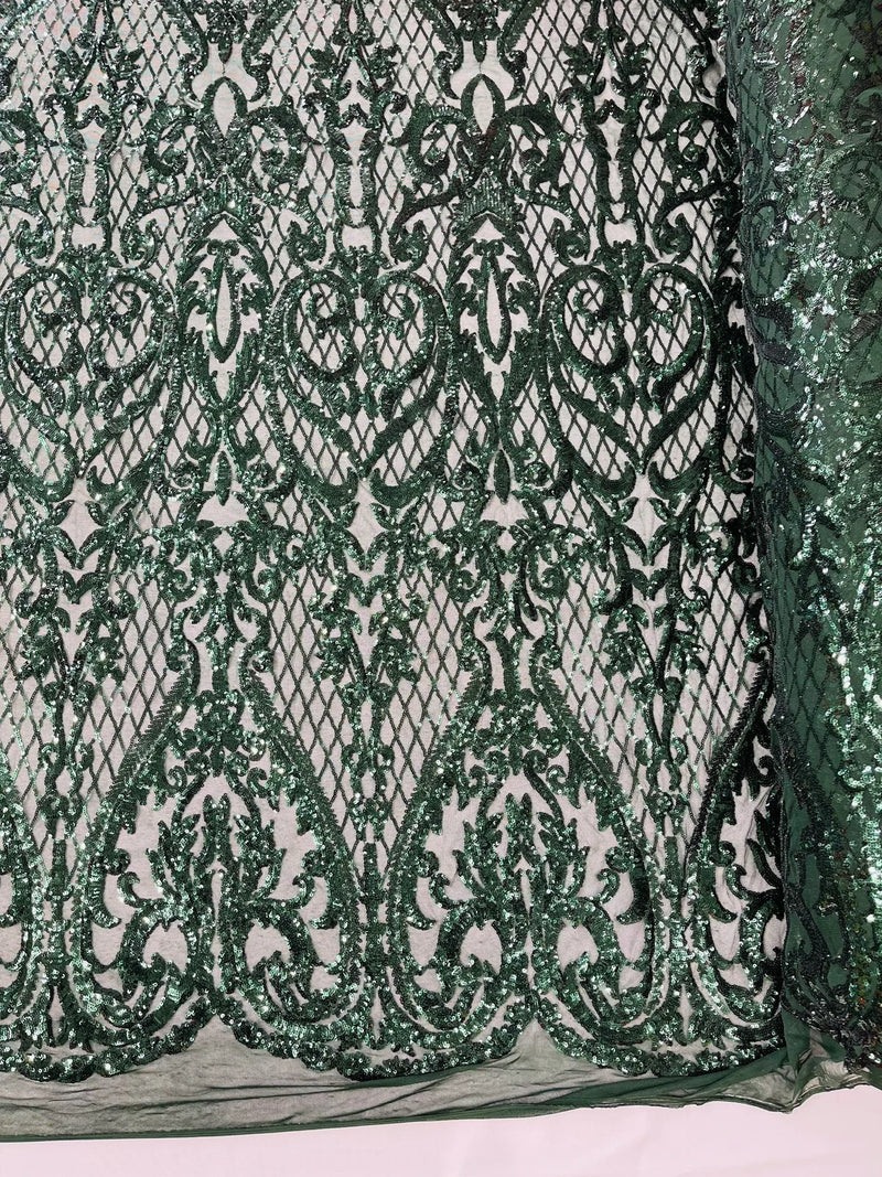 Heart Damask Sequins - Hunter Green - 4 Way Stretch Elegant Shiny Net Sequins Fabric By Yard